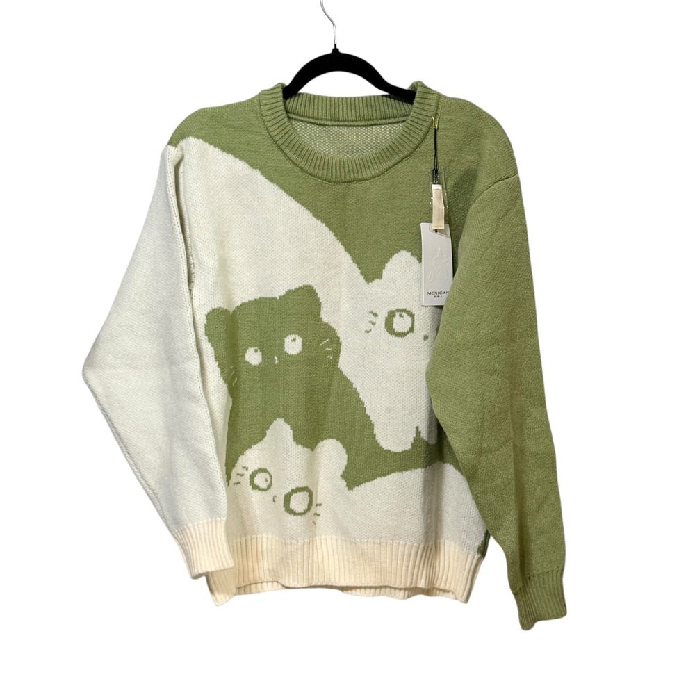 Mexican Women Sage Green Cream Cat Intarsia Knit Crewneck Sweater NWT